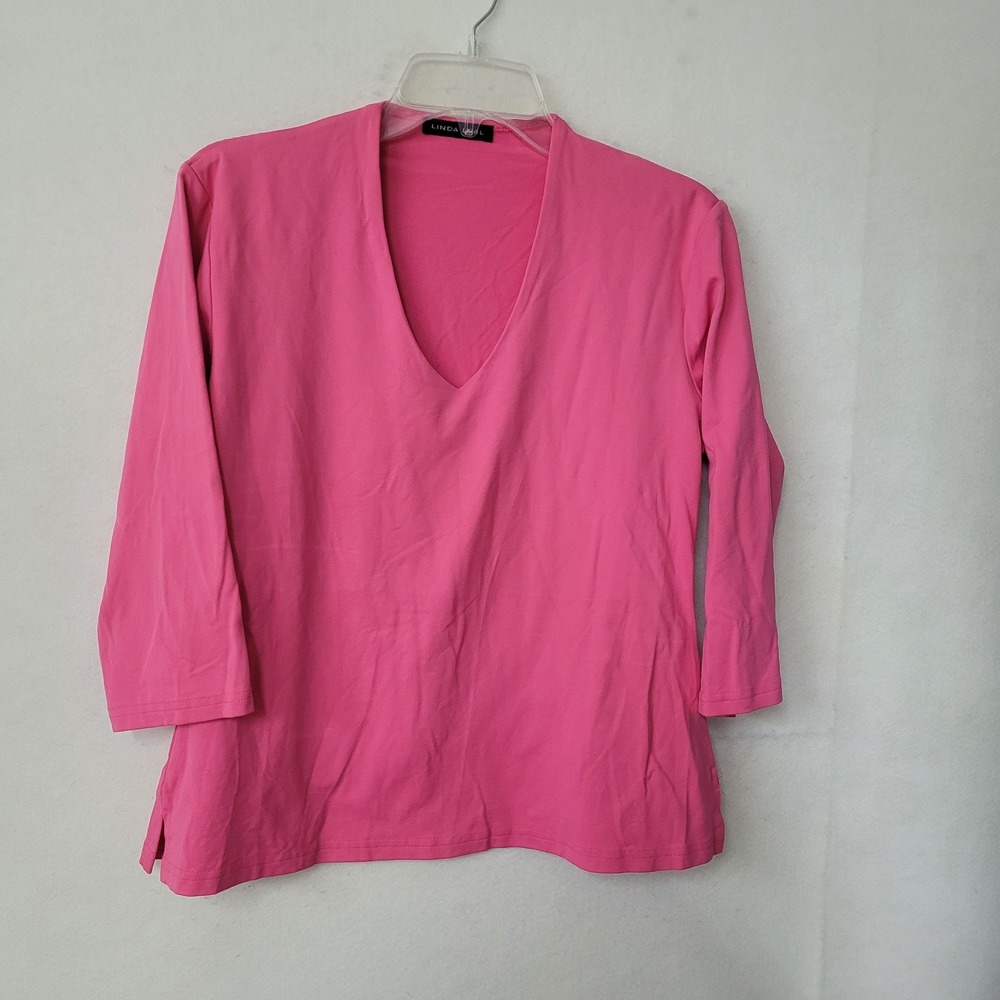 Linda Leal Shirt Womens XL Pink V Neck 3/4 Sleeve Stretch Pullover Top USA‎